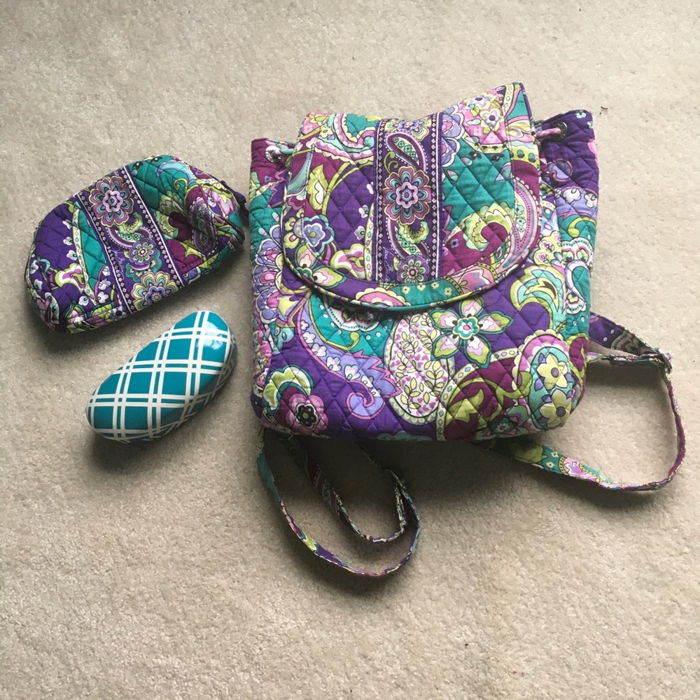 Vera Bradley Purple and Green Backpack cosmetic pouch Set Heather paisley teal